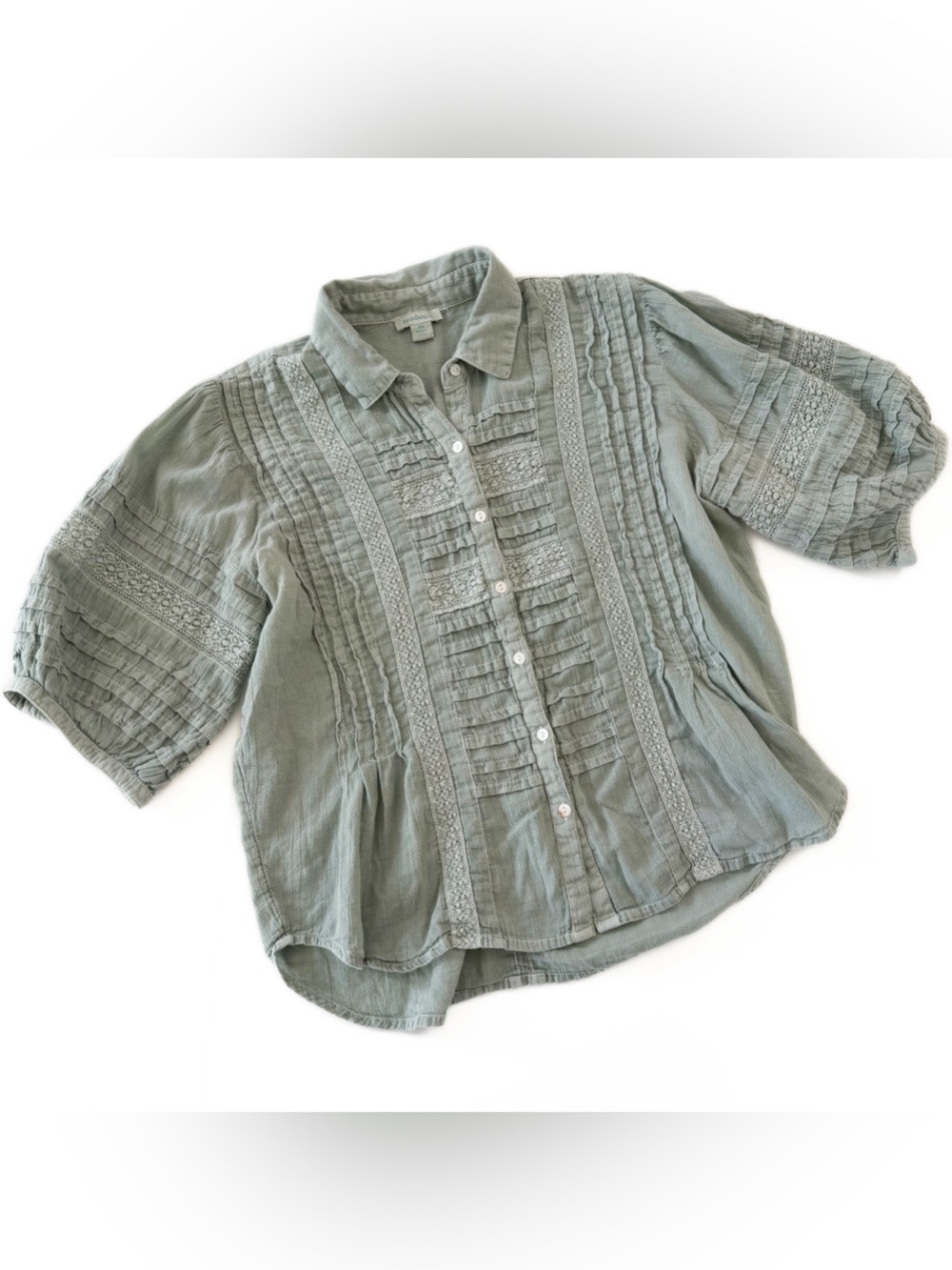 Sundance Shirt Womens XS Green Indian Cotton Boho Peasant Puff Sleeve